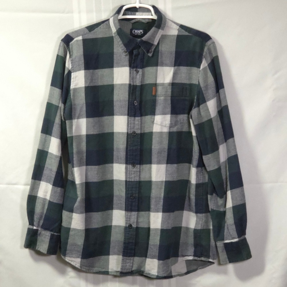 Chaps Button Down Mens M Blue Green Plaid Performance Flannel Shirt 730F08